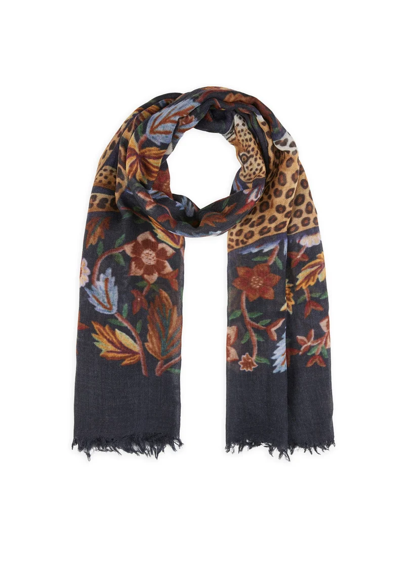 Schal aus Wolle mit Leopard- und Blumen-Motiven