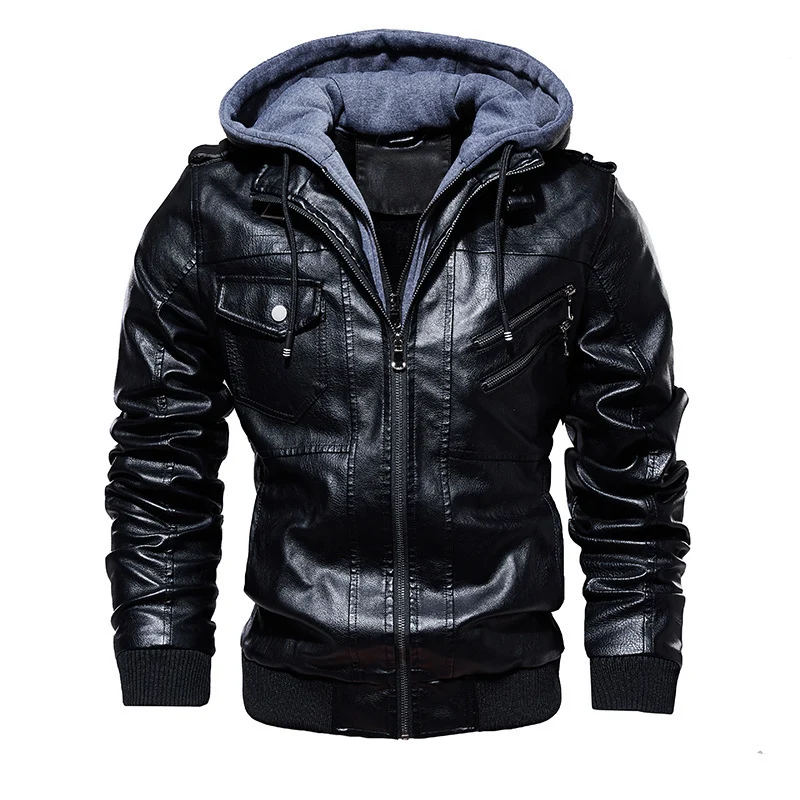 Herren Stylische Kunstlederjacke mit Hoodie Drune