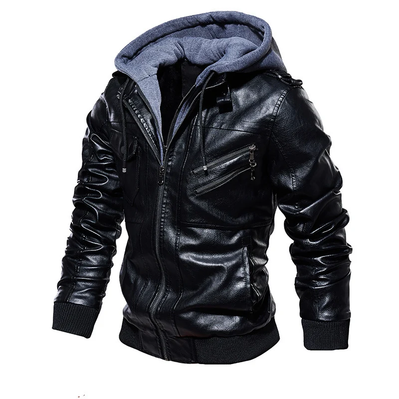 Herren Stylische Kunstlederjacke mit Hoodie Drune