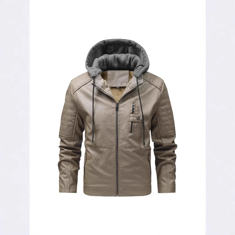 Herren Stilvolle Kunstlederjacke mit Kapuze Drune