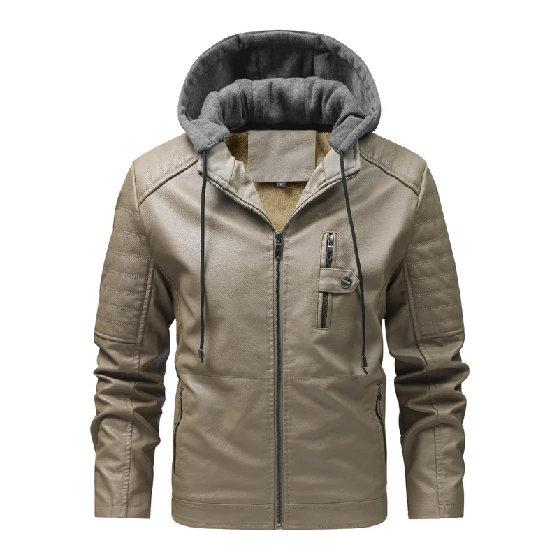 Herren Stilvolle Kunstlederjacke mit Kapuze Drune