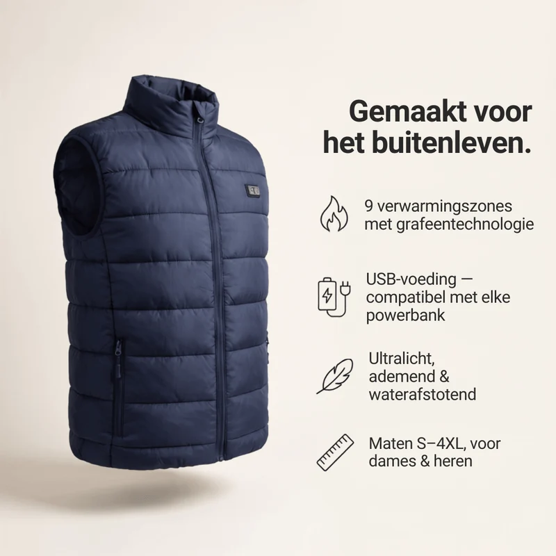 Verwarmde bodywarmer met 9 verwarmingszones – ultralicht, USB-gevoed & ideaal voor outdooravonturen