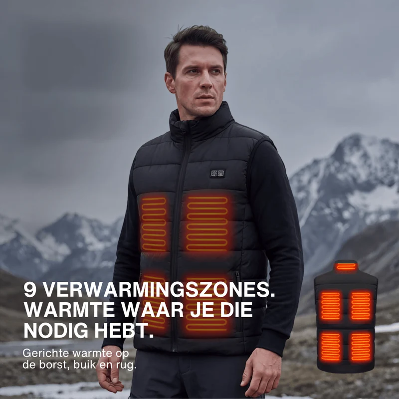 Verwarmde bodywarmer met 9 verwarmingszones – ultralicht, USB-gevoed & ideaal voor outdooravonturen