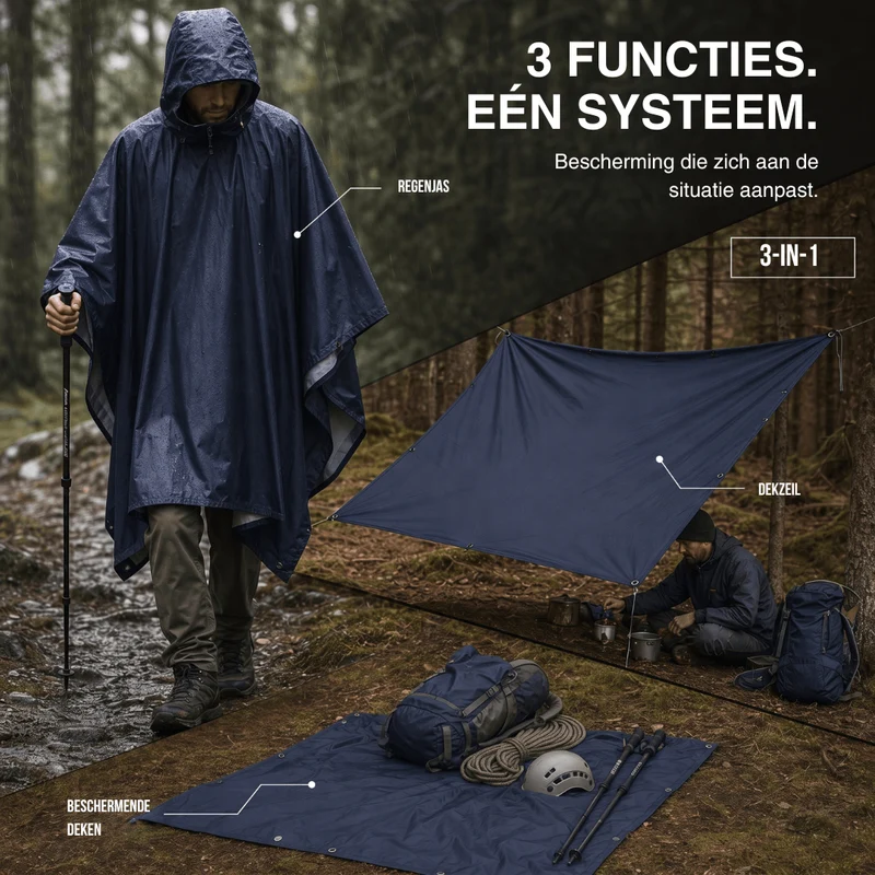 3-in-1 Waterdichte Regenponcho – Tentzeil & Grondzeil
