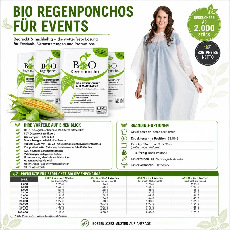 Bio-Regenponcho® nach Ihrer Pantone + Logo Werbeartikel - Hergestellt in Europa
