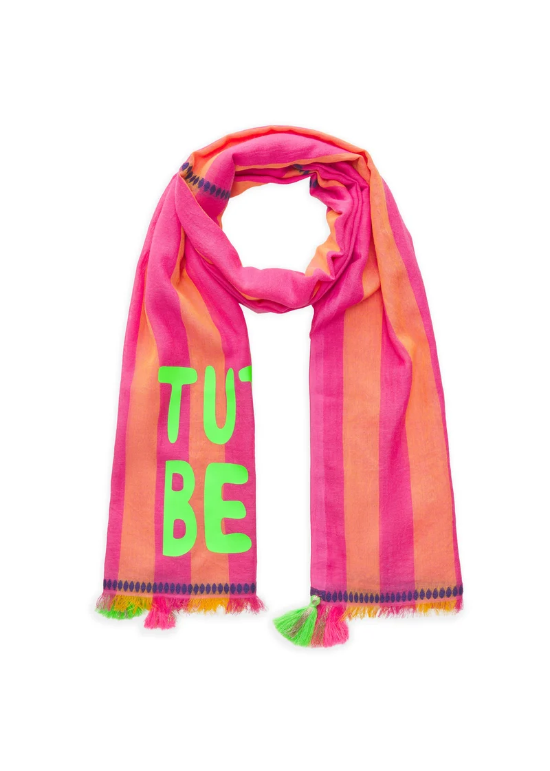 Schal aus Baumwoll-Mix mit Streifen und Schriftzug in Pink