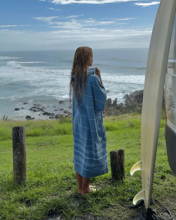 Classic Stripe Hooded Poncho Slate Blue