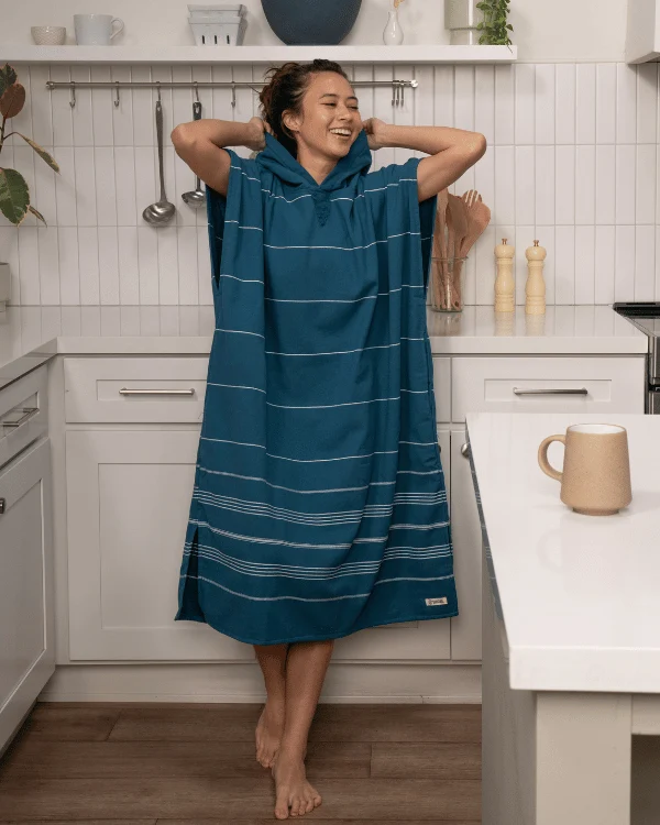 Classic Stripe Hooded Poncho Teal Blue