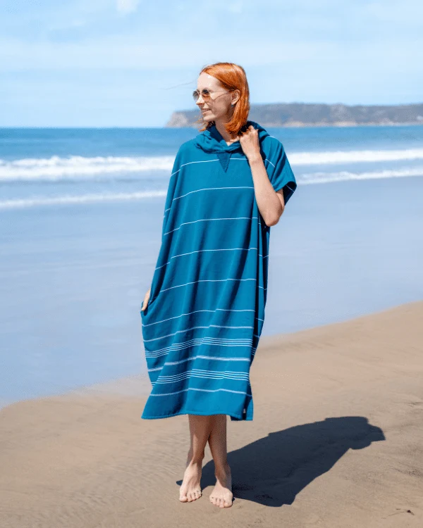 Classic Stripe Hooded Poncho Teal Blue