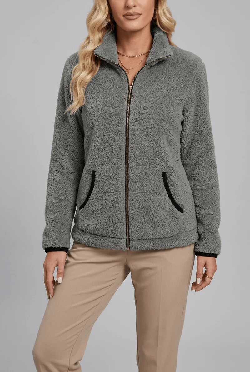 Kuschelige Plüsch Damen Fleecejacke mit Stehkragen