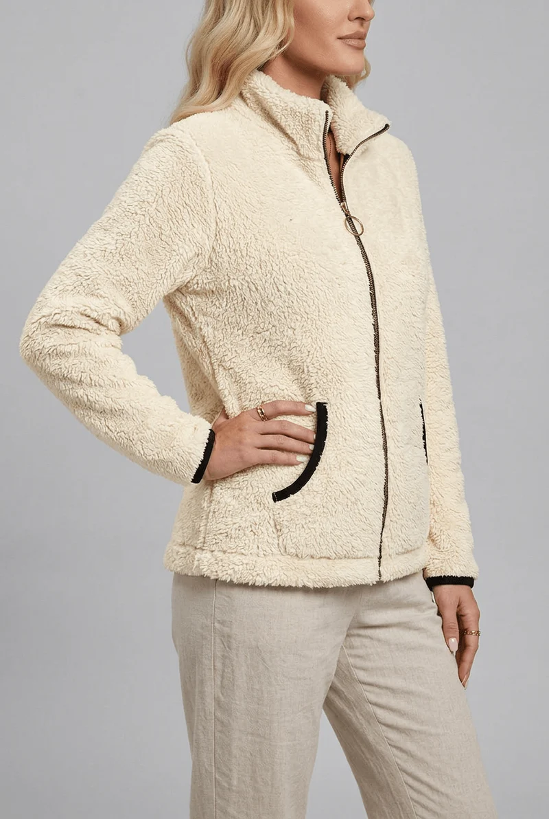 Kuschelige Plüsch Damen Fleecejacke mit Stehkragen
