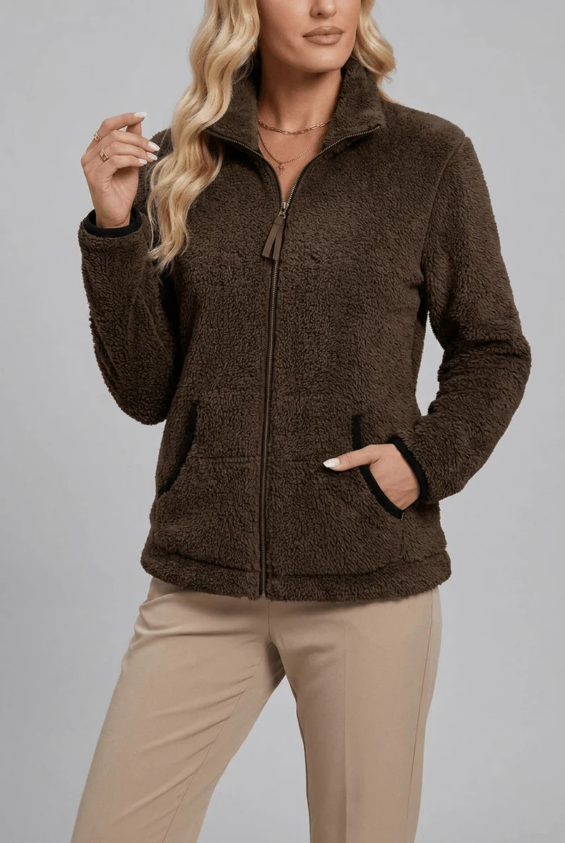 Kuschelige Plüsch Damen Fleecejacke mit Stehkragen