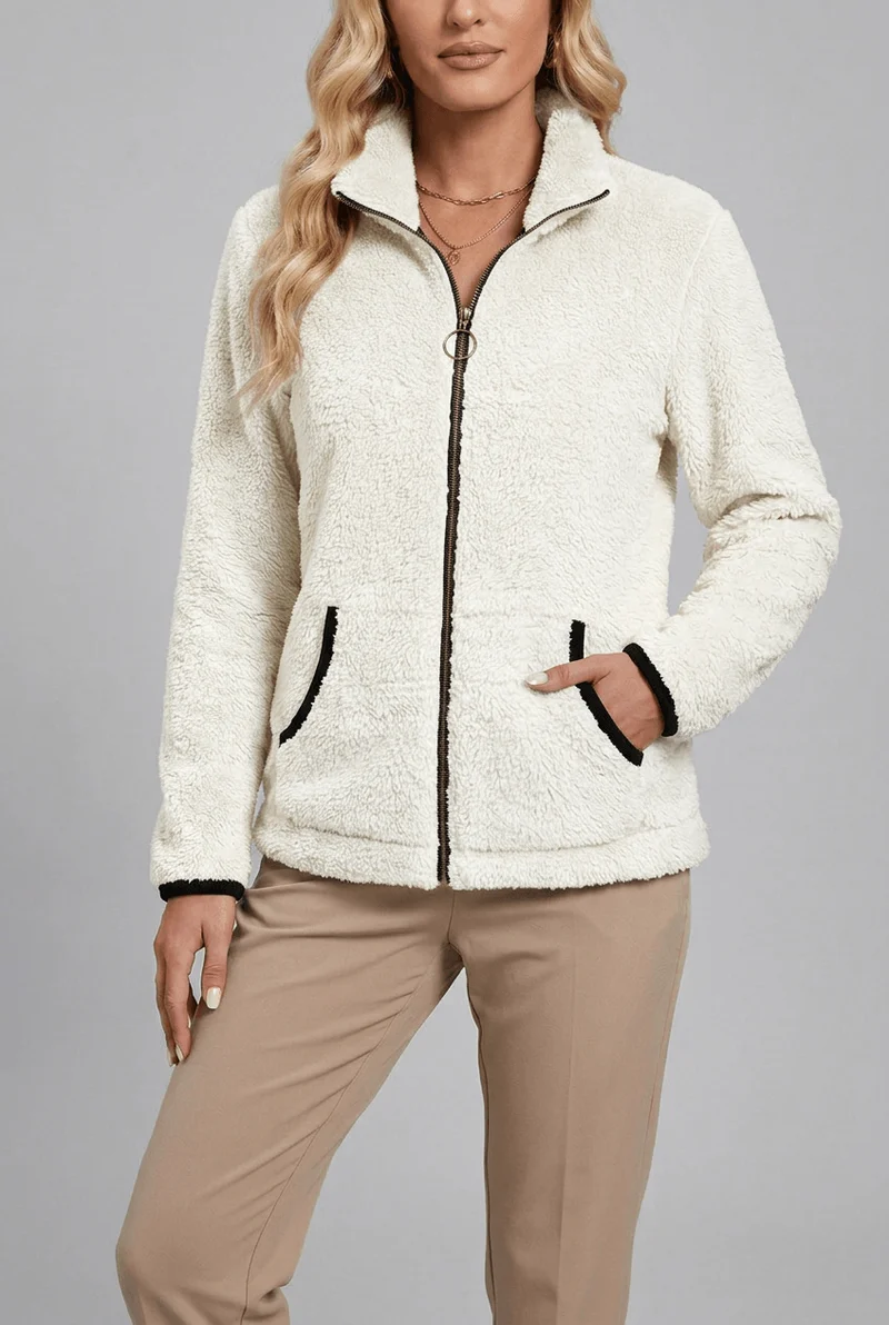 Kuschelige Plüsch Damen Fleecejacke mit Stehkragen