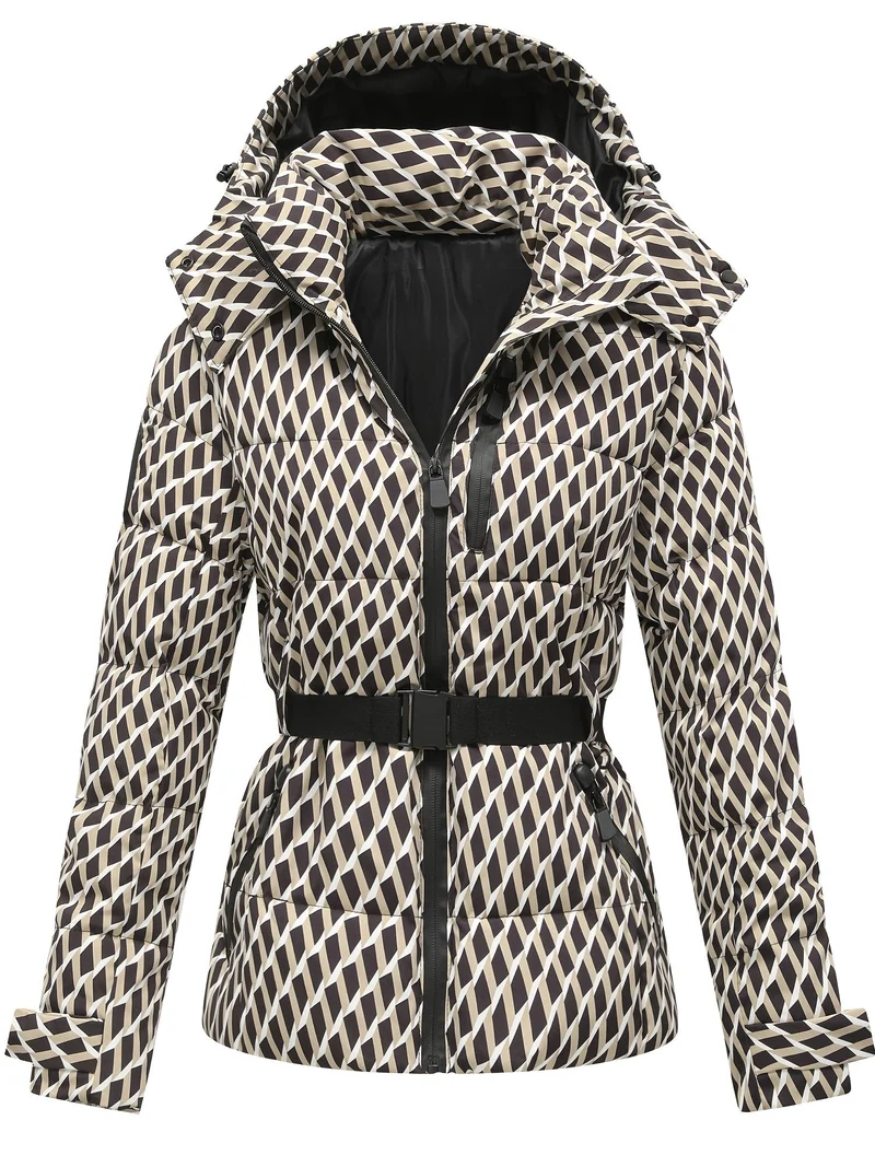 Wärmende Damen Steppjacke mit Kapuze und Gürtel