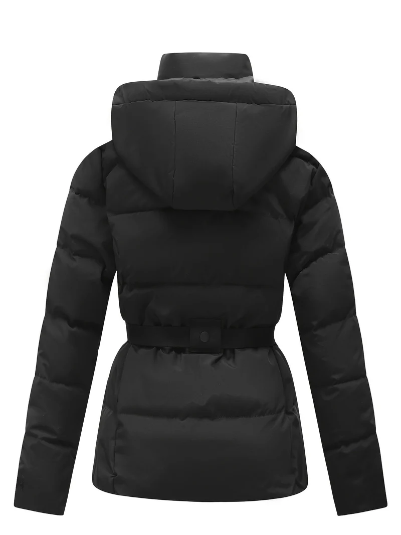 Wärmende Damen Steppjacke mit Kapuze und Gürtel