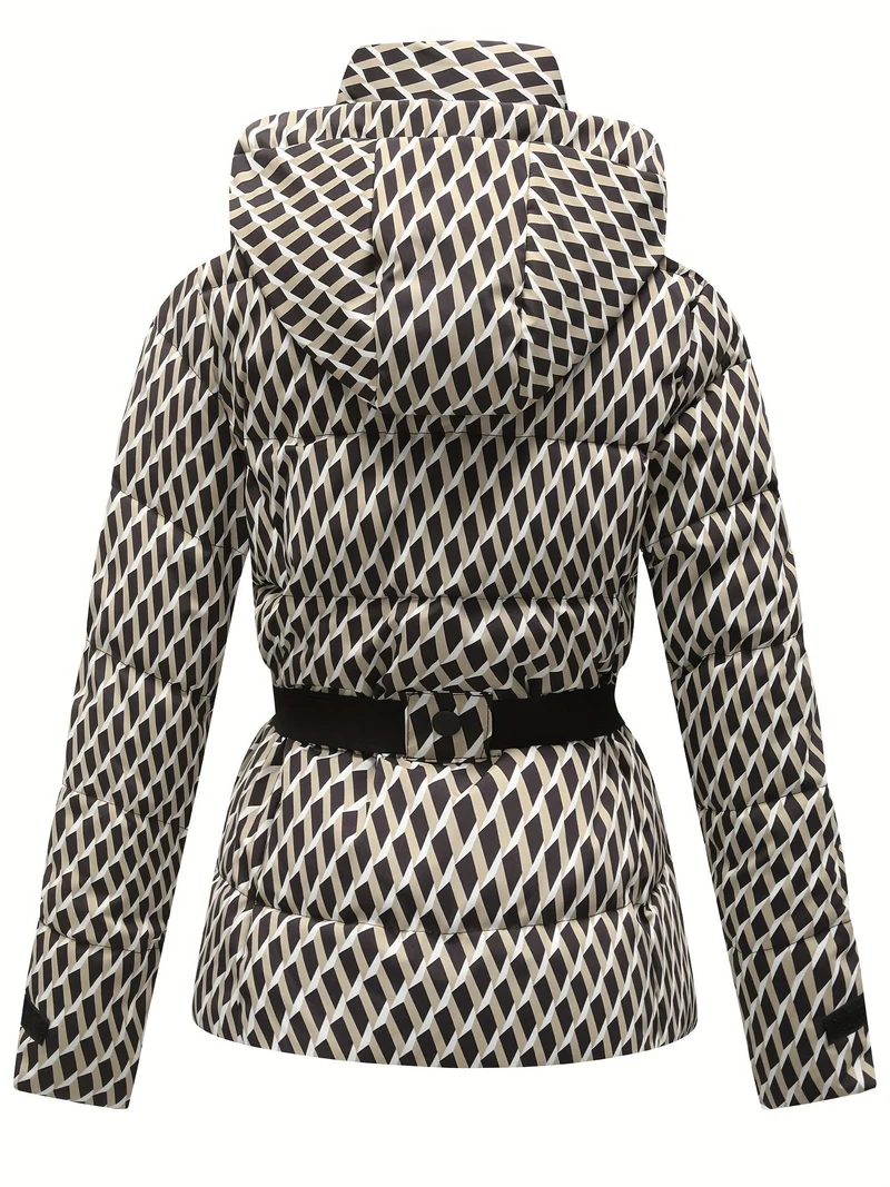 Wärmende Damen Steppjacke mit Kapuze und Gürtel