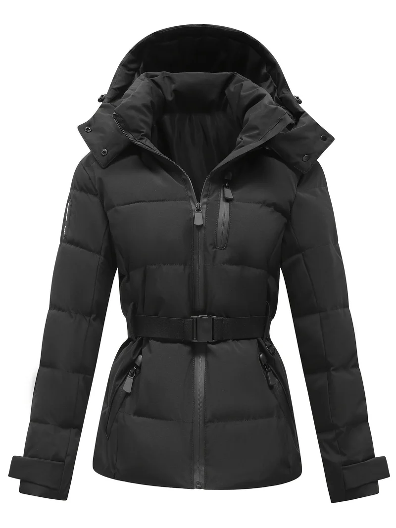 Wärmende Damen Steppjacke mit Kapuze und Gürtel