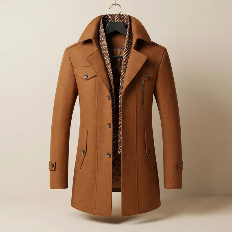 Eleganter Wärmender Herren Wollmantel mit Schal