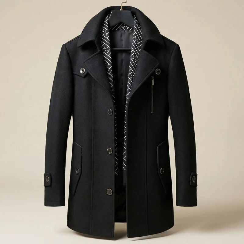Eleganter Wärmender Herren Wollmantel mit Schal