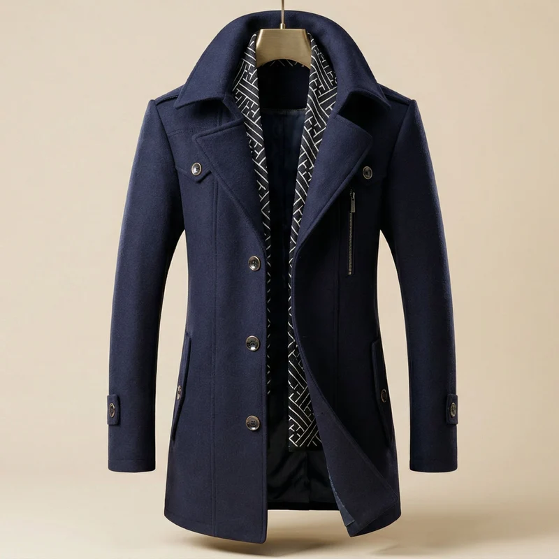 Eleganter Wärmender Herren Wollmantel mit Schal