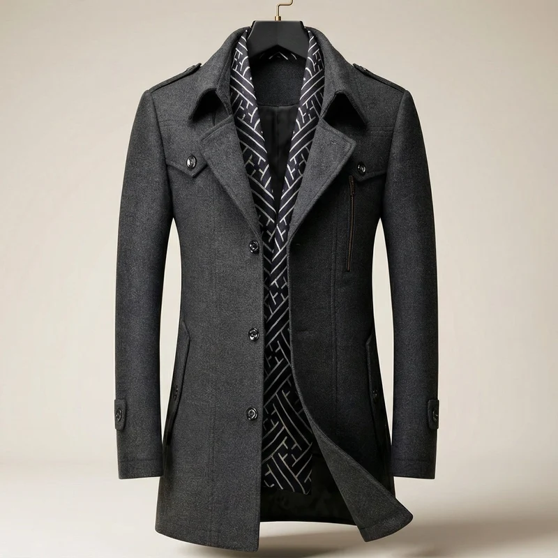 Eleganter Wärmender Herren Wollmantel mit Schal