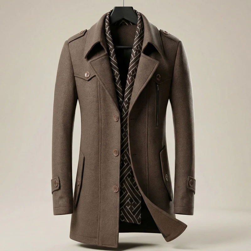 Eleganter Wärmender Herren Wollmantel mit Schal