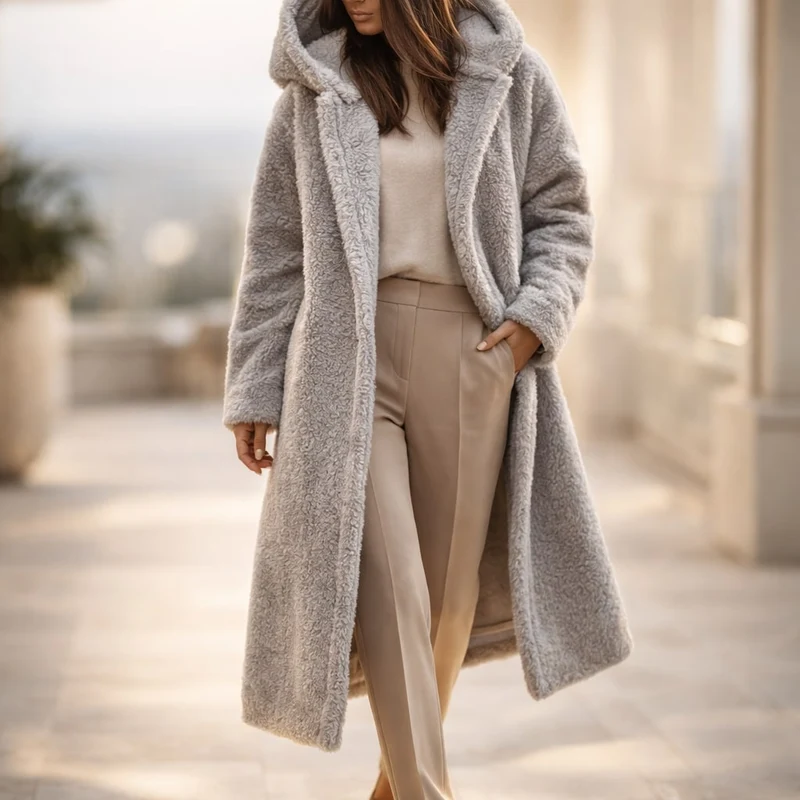 Eleganter Langer Damen Kapuzenmantel