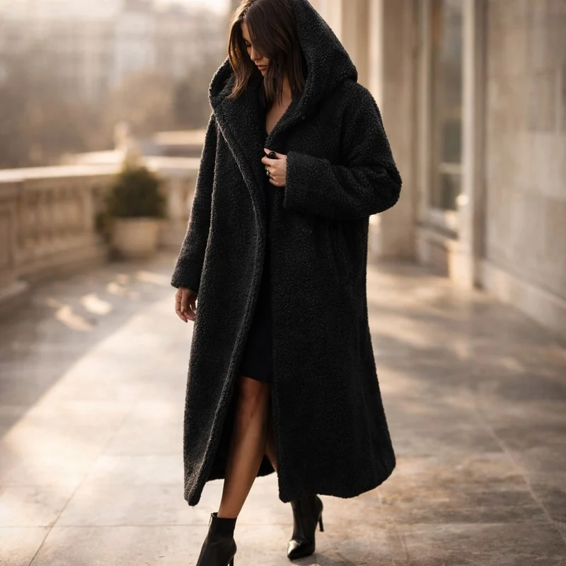 Eleganter Langer Damen Kapuzenmantel