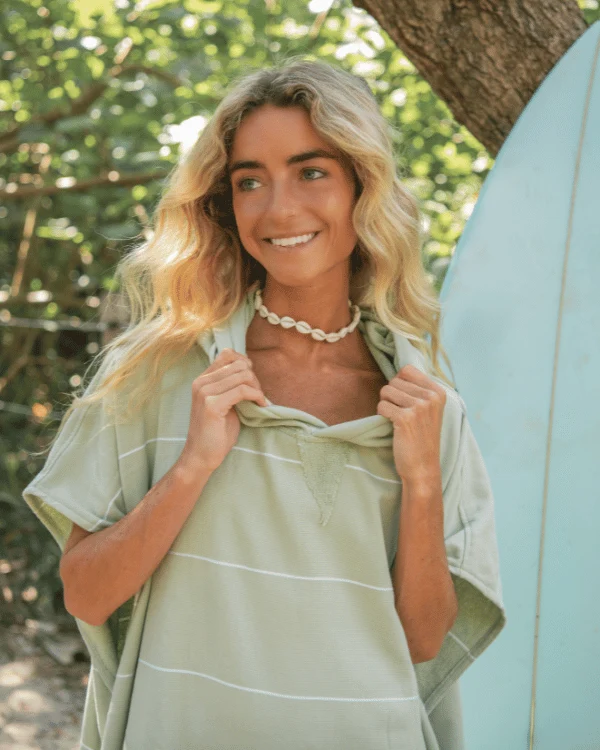 Classic Stripe Hooded Poncho - Celadon Green