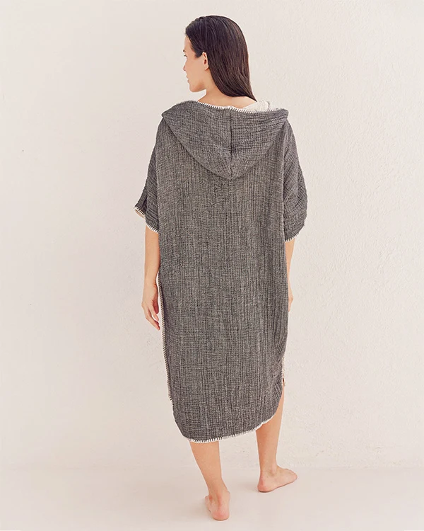 Falta Gauze Hooded Poncho - Black
