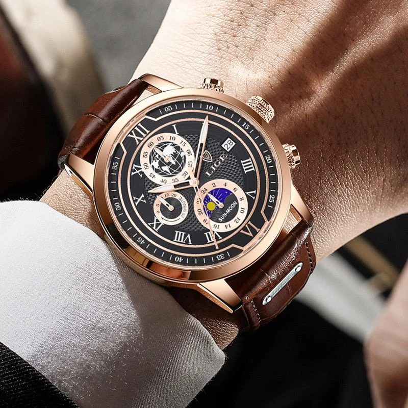Edles Leder Chronograph Herren Armbanduhr