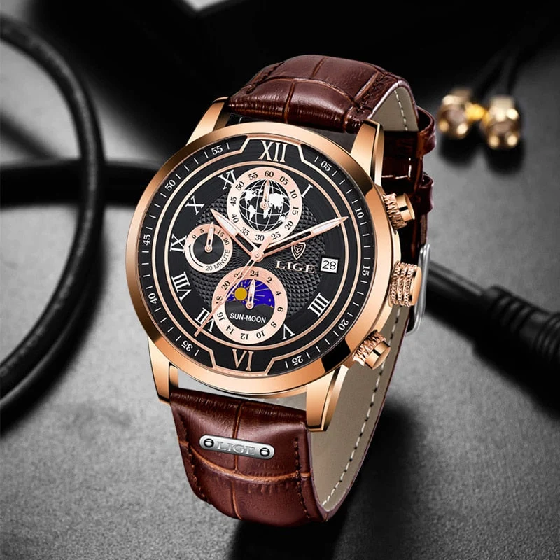 Edles Leder Chronograph Herren Armbanduhr