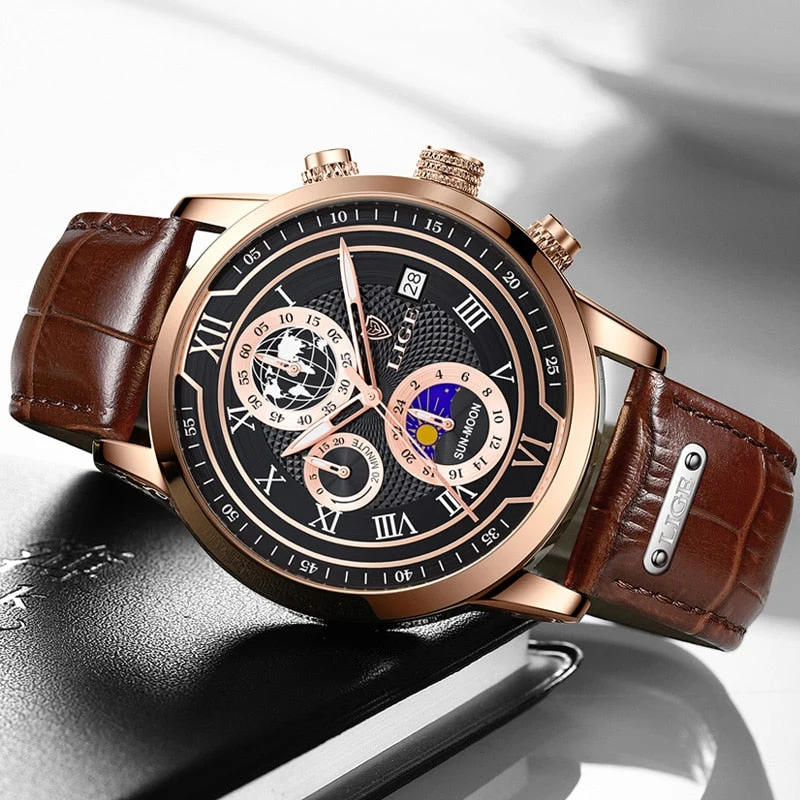 Edles Leder Chronograph Herren Armbanduhr
