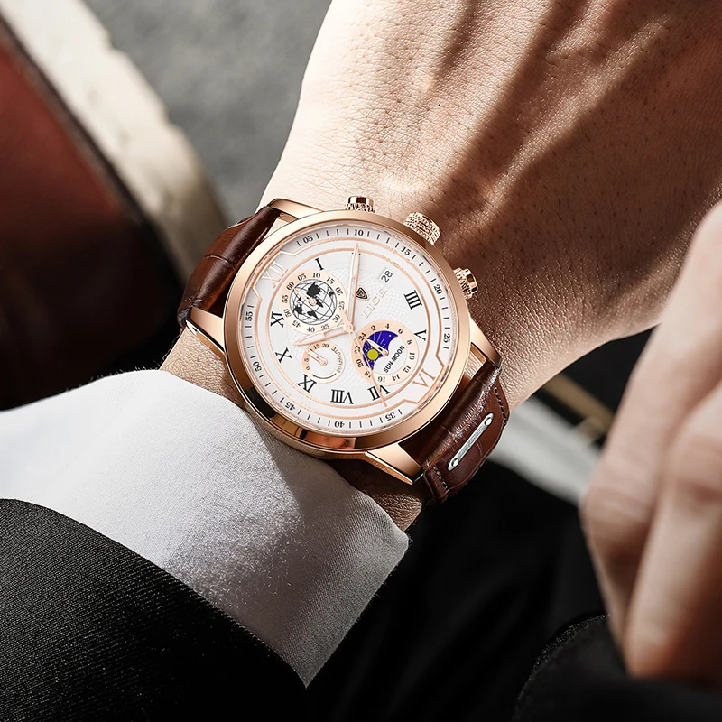 Edles Leder Chronograph Herren Armbanduhr