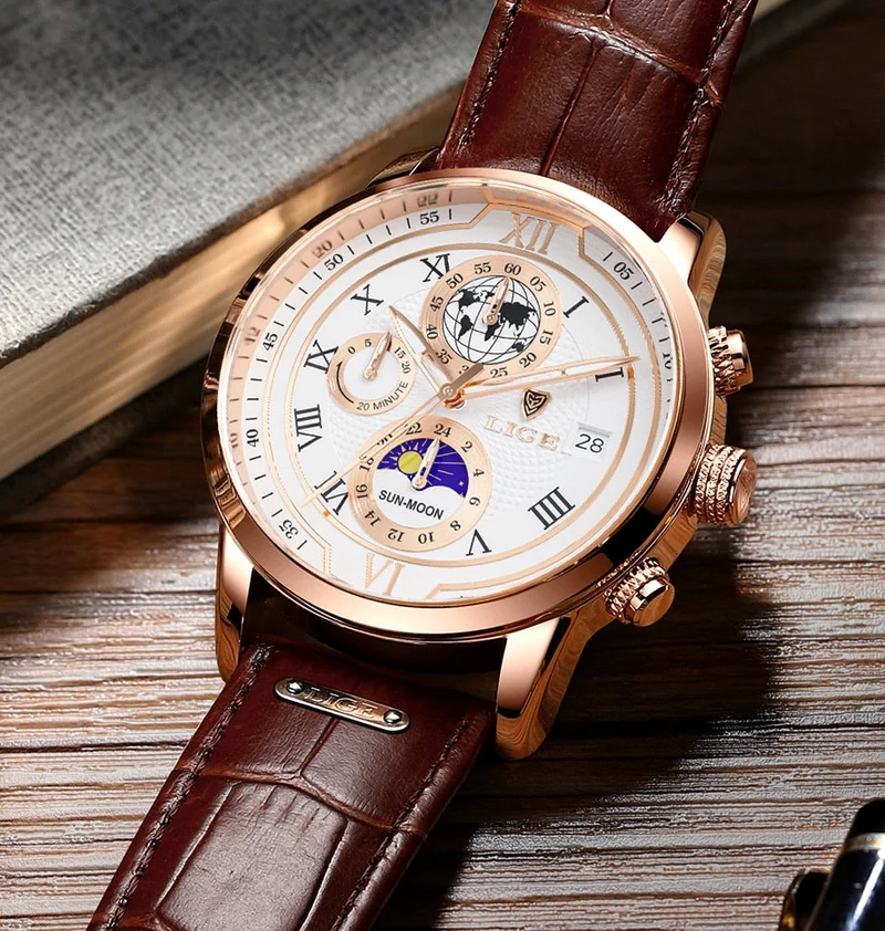 Edles Leder Chronograph Herren Armbanduhr