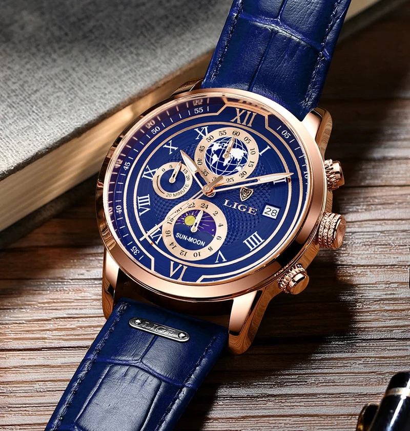 Edles Leder Chronograph Herren Armbanduhr