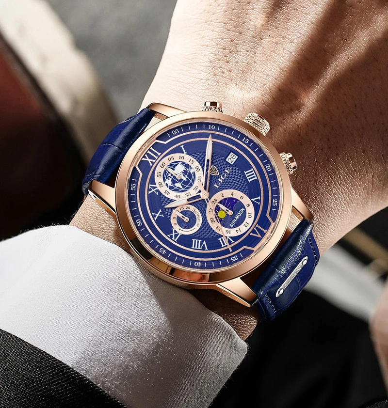 Edles Leder Chronograph Herren Armbanduhr