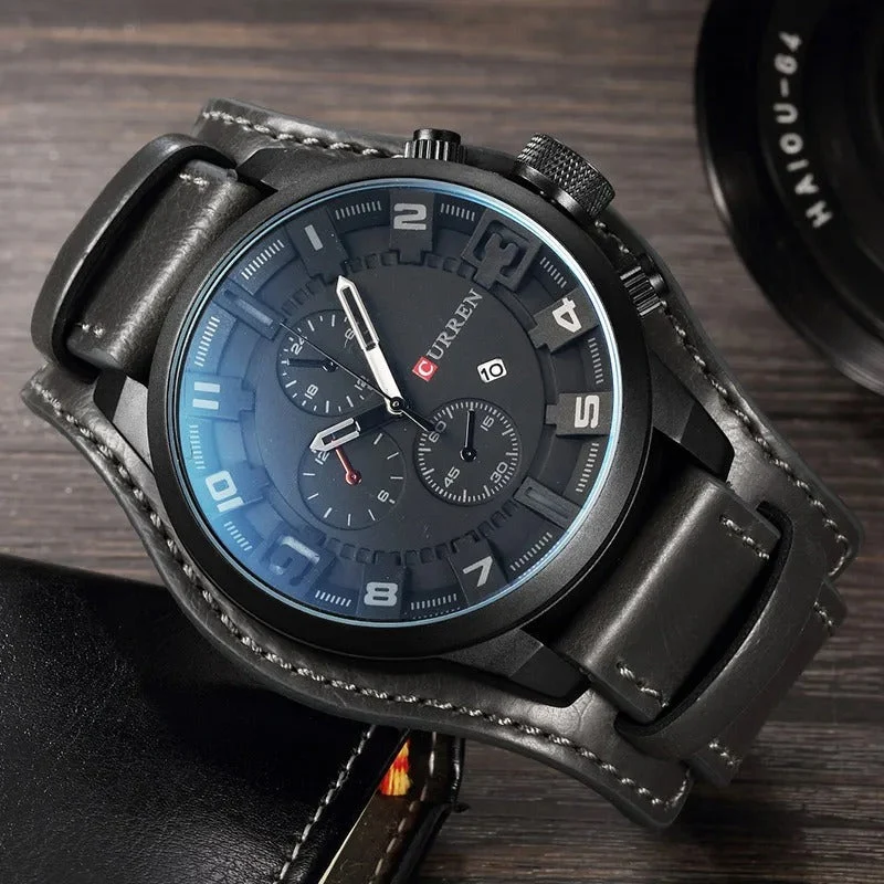 Elegante Herren Chronograph Armbanduhr Leder