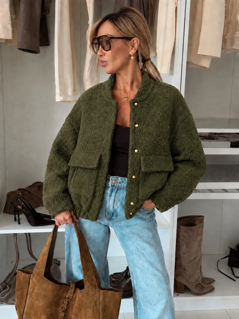 Remy Teddy Bomber Jacket | Khaki