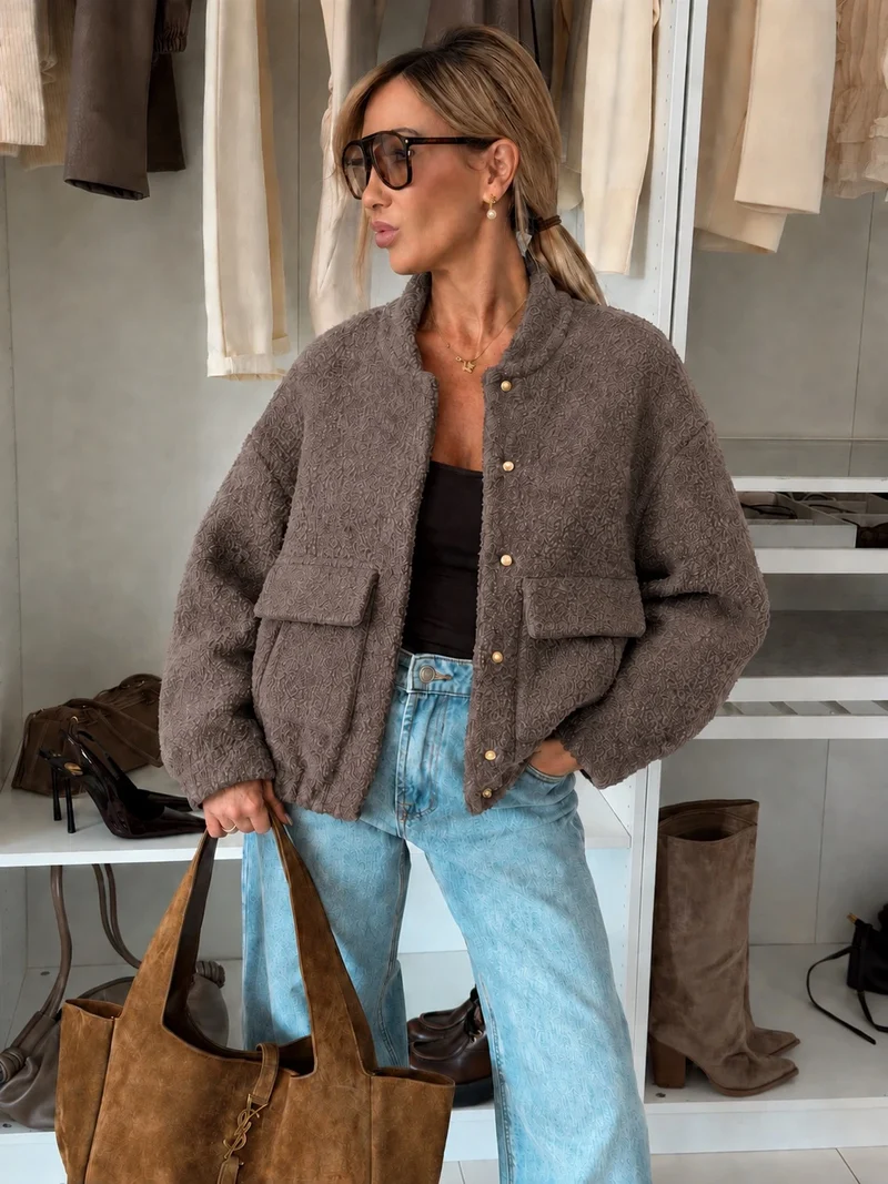 Remy Teddy Bomber Jacket | Dark Brown