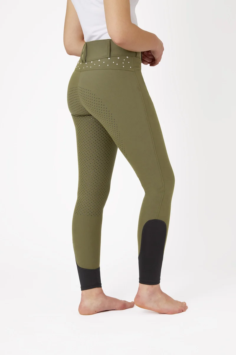 Damen Vollbesatzreithose mit hohem Bund und Kristallen Winter Moss Green 42