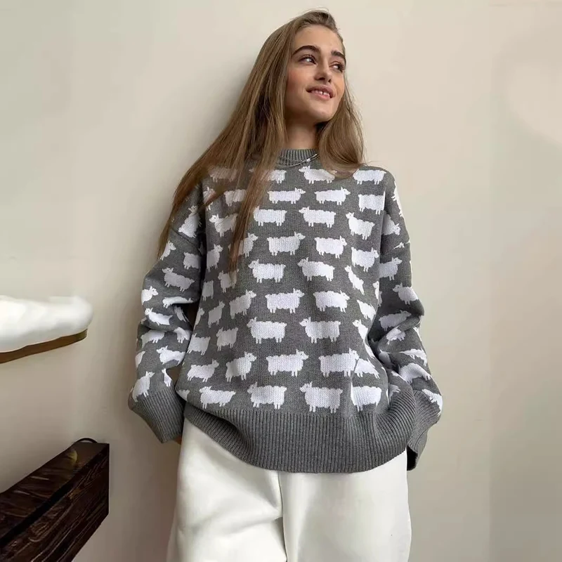 Damen Gemütlicher Pullover mit kreativem Schafe-Muster Drune