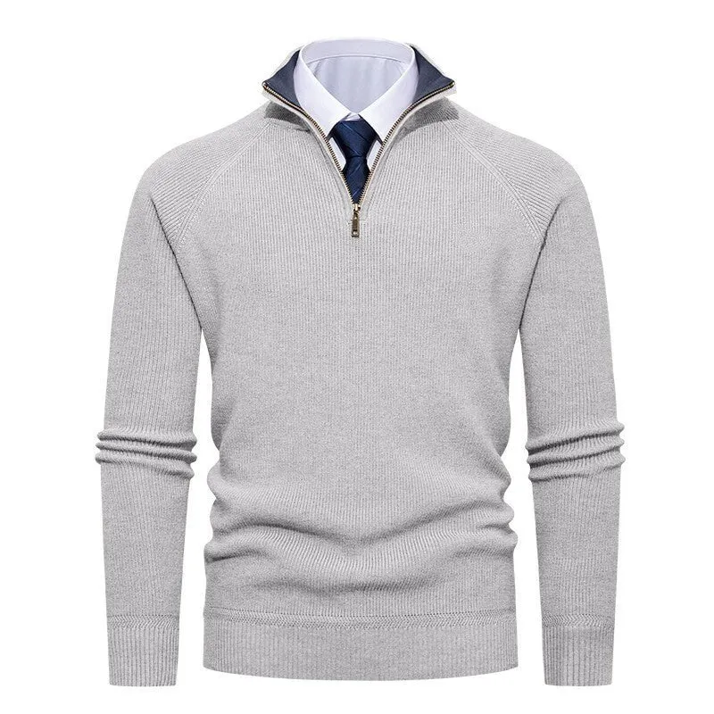 Herren nan feiner Strickpullover mit Halbzip, strukturierter Rippoptik und innen kontrastiertem Stehkragen Drune