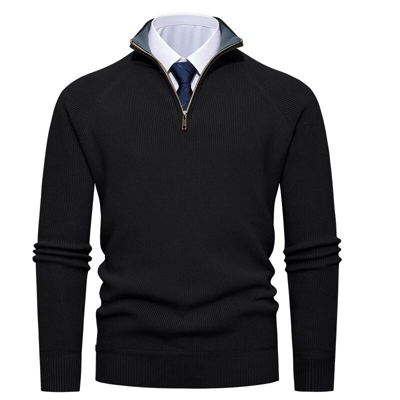 Herren nan feiner Strickpullover mit Halbzip, strukturierter Rippoptik und innen kontrastiertem Stehkragen Drune