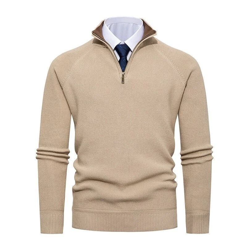 Herren nan feiner Strickpullover mit Halbzip, strukturierter Rippoptik und innen kontrastiertem Stehkragen Drune