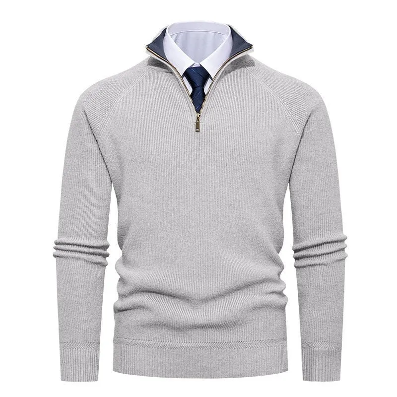 Herren nan feiner Strickpullover mit Halbzip, strukturierter Rippoptik und innen kontrastiertem Stehkragen Drune