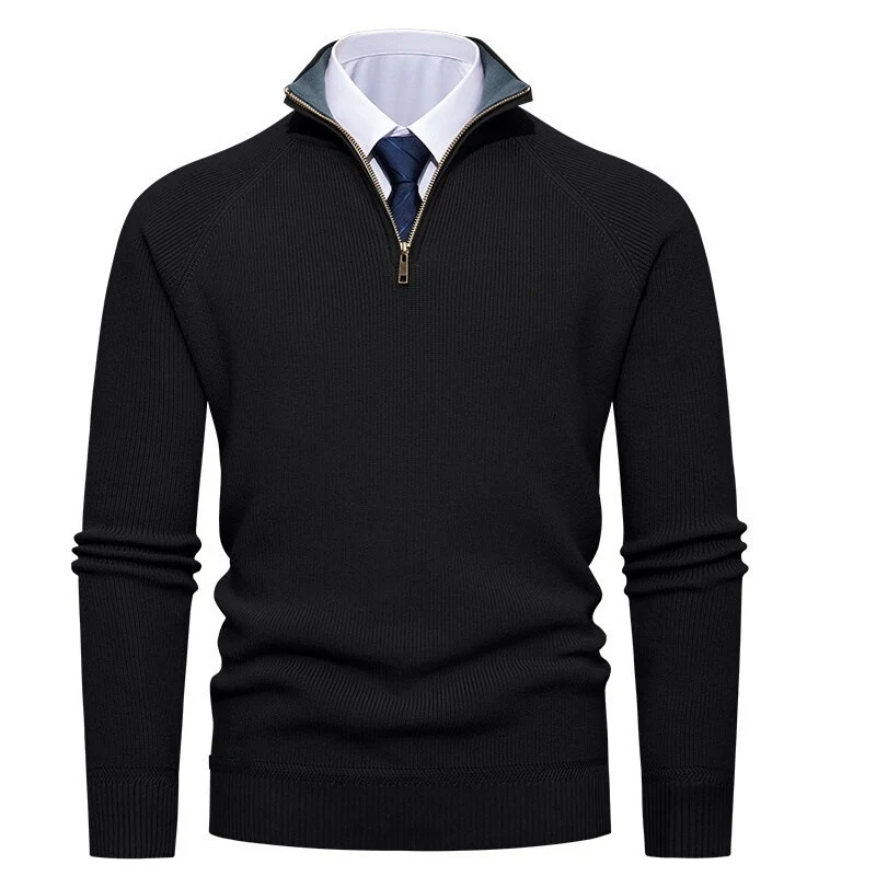 Herren nan feiner Strickpullover mit Halbzip, strukturierter Rippoptik und innen kontrastiertem Stehkragen Drune