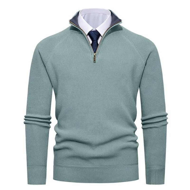 Herren nan feiner Strickpullover mit Halbzip, strukturierter Rippoptik und innen kontrastiertem Stehkragen Drune