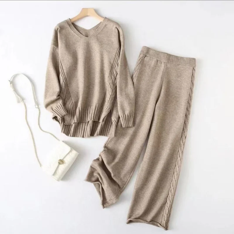 Damen kuscheliges Strickset mit V-Ausschnitt und Rippstruktur Drune