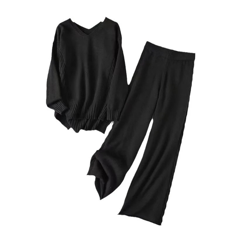 Damen kuscheliges Strickset mit V-Ausschnitt und Rippstruktur Drune